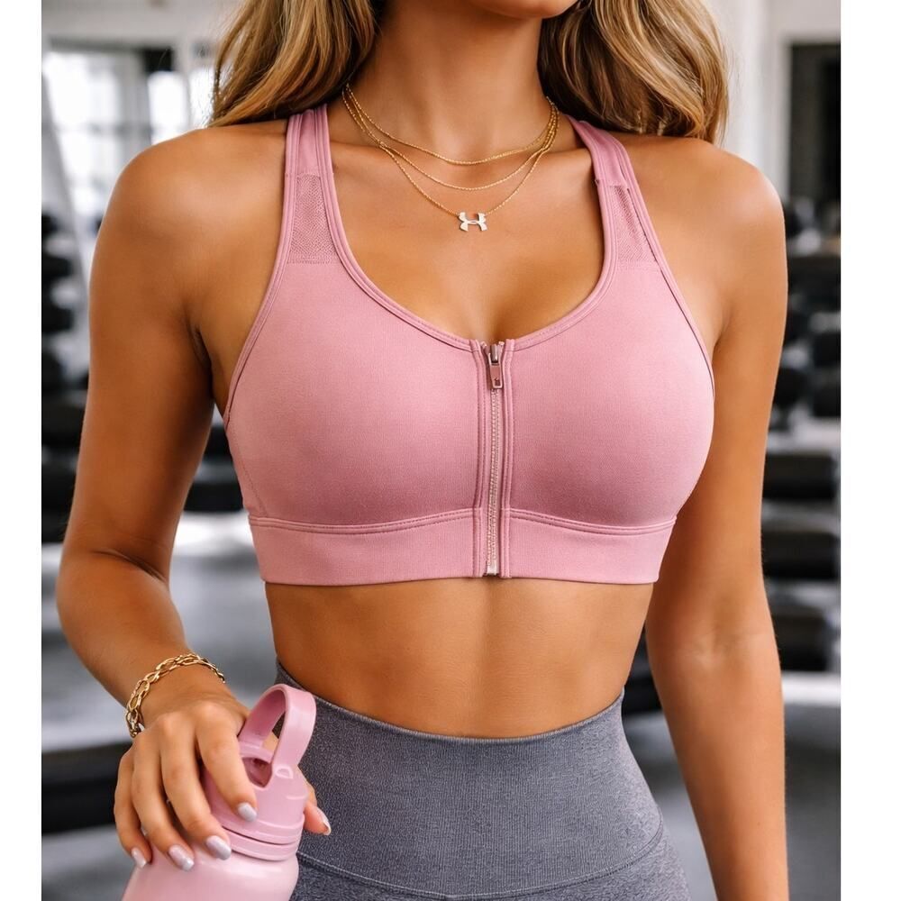 Under Armour Zip Front Sports Bra Pink High Support Size M Rose Gym Athleisure